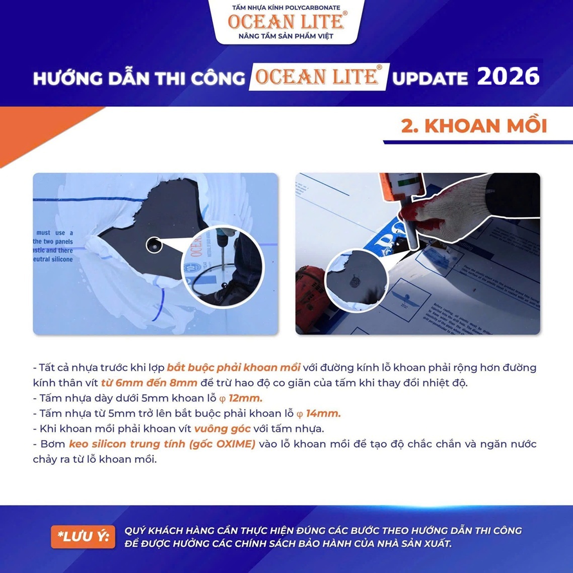 Đường kính khoan mồi phải rộng hơn đường kính thân vít (tránh giãn nở).