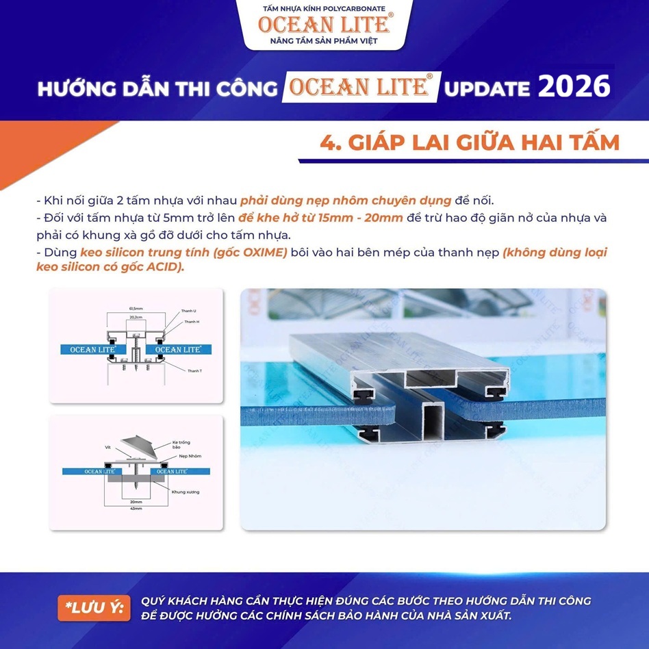 Luôn có khe hở giữa các tấm nhựa Polycarbonate để trừ hao độ giãn nở.