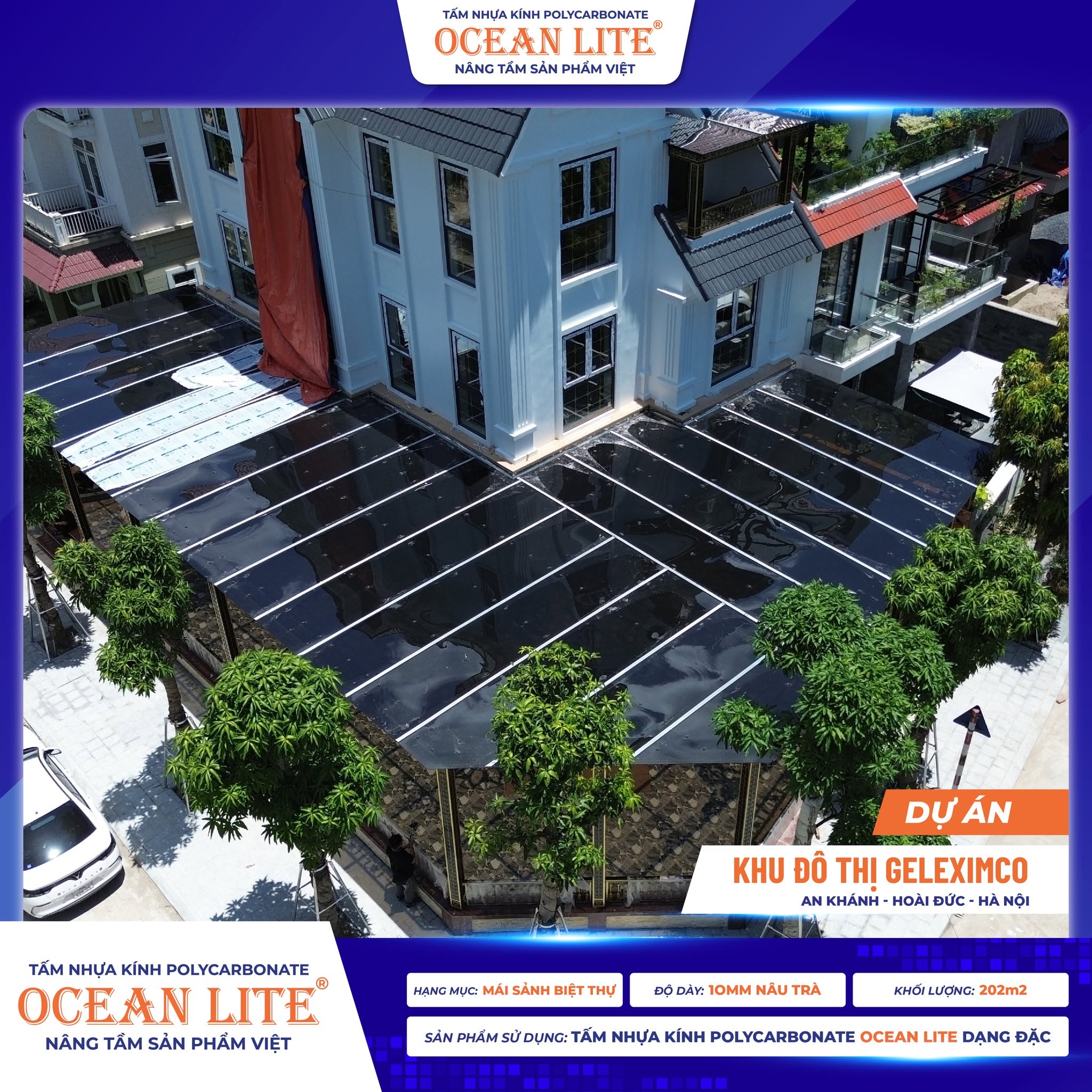 Công trình mái nhựa polycarbonate dạng đặc tại Khu đô thị Geleximco, Hoài Đức, Hà Nội