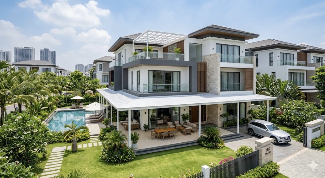 Mái nhựa thông minh dạng đặc màu trắng sữa tại Biệt thự Quận 7