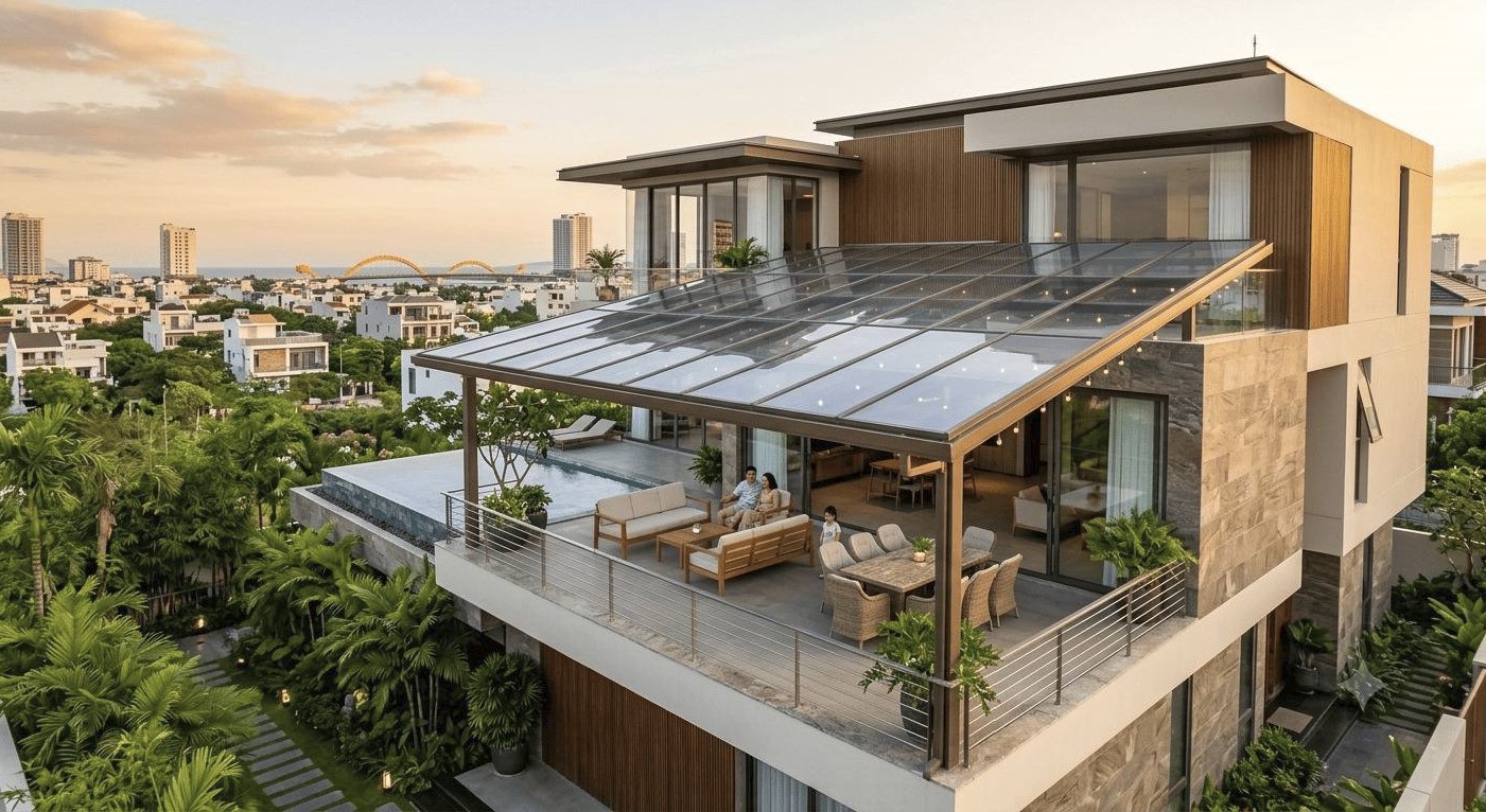 Tấm nhựa Polycarbonate ứng dụng trong mái hiên biệt thự hiện đại