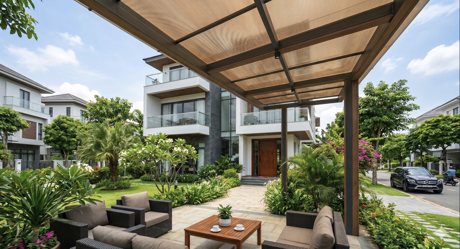 Tấm Poly đặc màu nâu trà giúp cản bớt độ chói của nắng gắt Sài Gòn mà vẫn giữ được nét sang trọng, đẳng cấp cho ngôi nhà.
