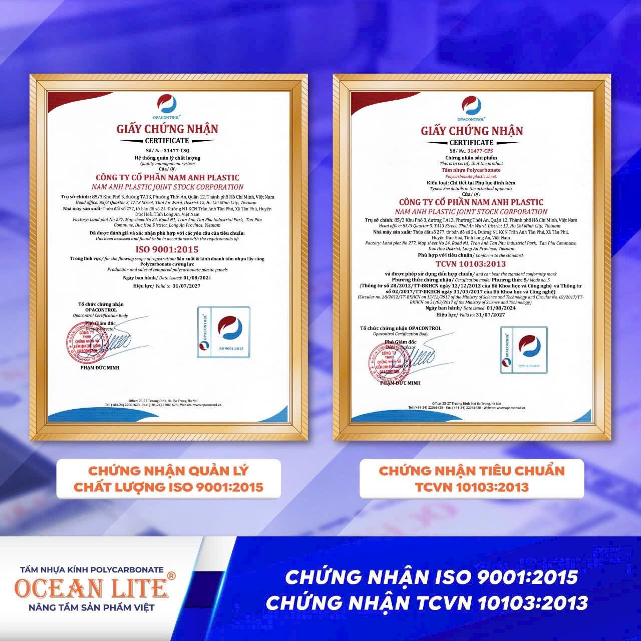 Giấy chứng nhận chất lượng ISO 9001:2015 và tiêu chuẩn TCVN 10103:2013 cấp bởi Opacontrol cho tấm nhựa polycarbonate Ocean Lite