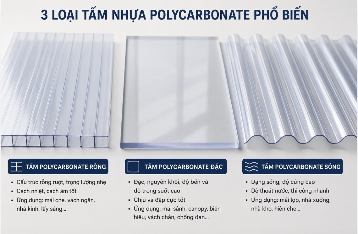 Các loại tấm Polycarbonate dạng đặc rỗng ruột và dạng sóng