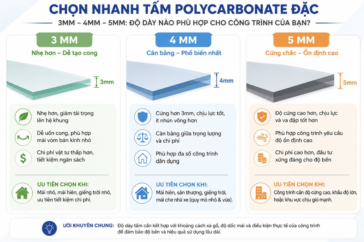 So sánh nhanh tấm Polycarbonate đặc 3 mm, 4 mm và 5 mm theo nhu cầu sử dụng.