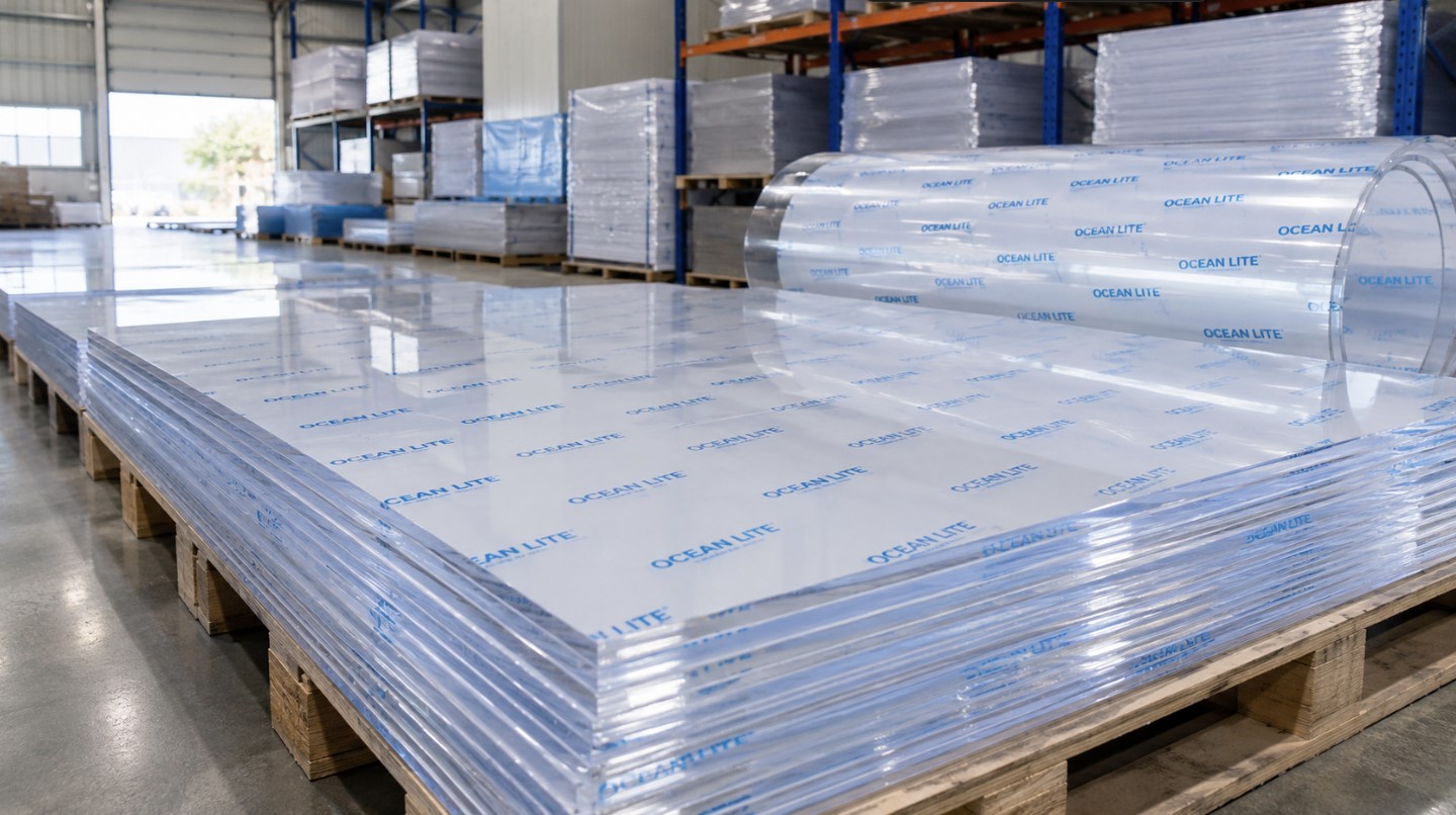 Tấm nhựa Polycarbonate đặc 5mm Ocean Lite màu trong suốt chuẩn bị xuất kho.