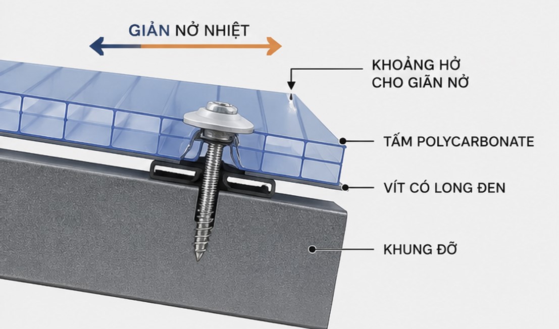 Thi công tấm Polycarbonate cần tính đến giãn nở nhiệt